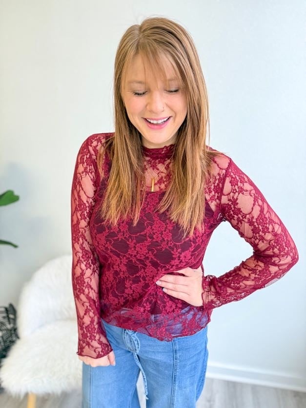 Lace Sheer Long Sleeve - Burgundy
