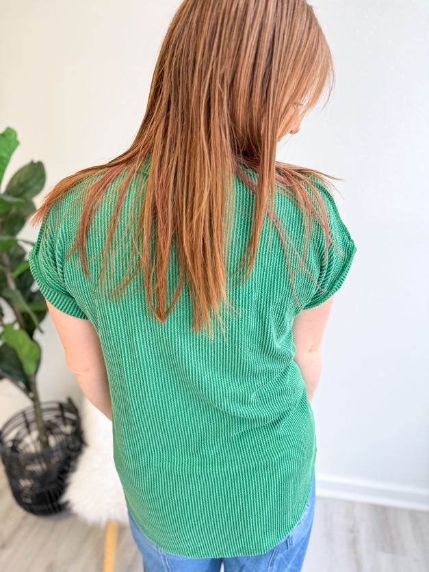 Green Ribbed Short Sleeve Top