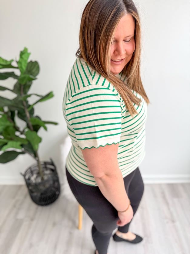 Striped Ruffle Neckline Tee