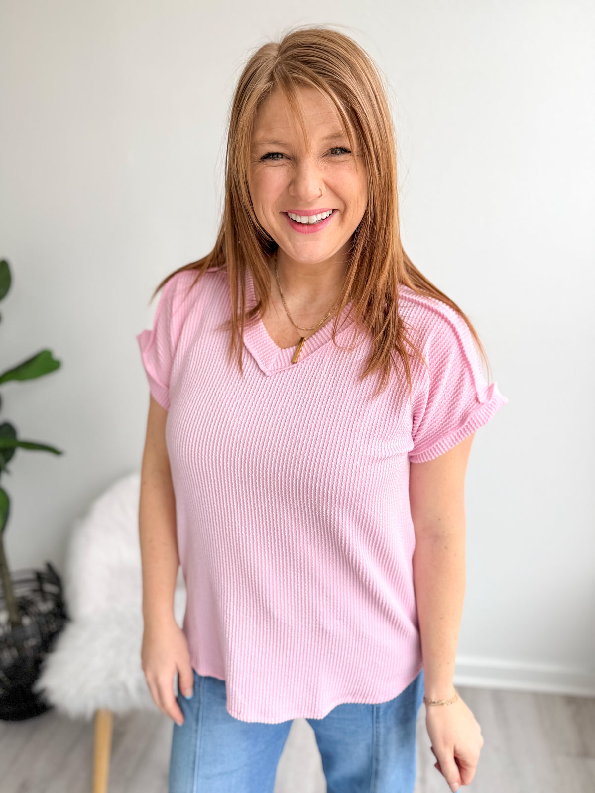 Pink Ribbed Short Sleeve Top