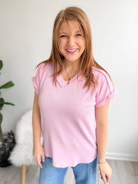 Pink Ribbed Short Sleeve Top