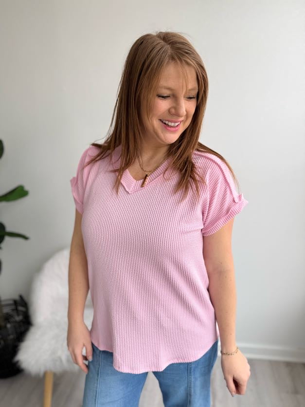 Pink Ribbed Short Sleeve Top