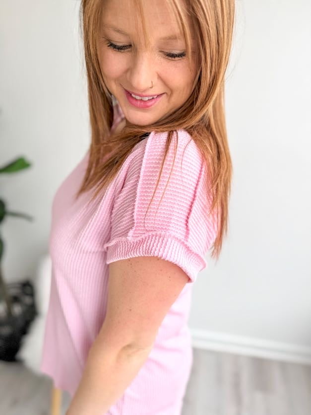 Pink Ribbed Short Sleeve Top