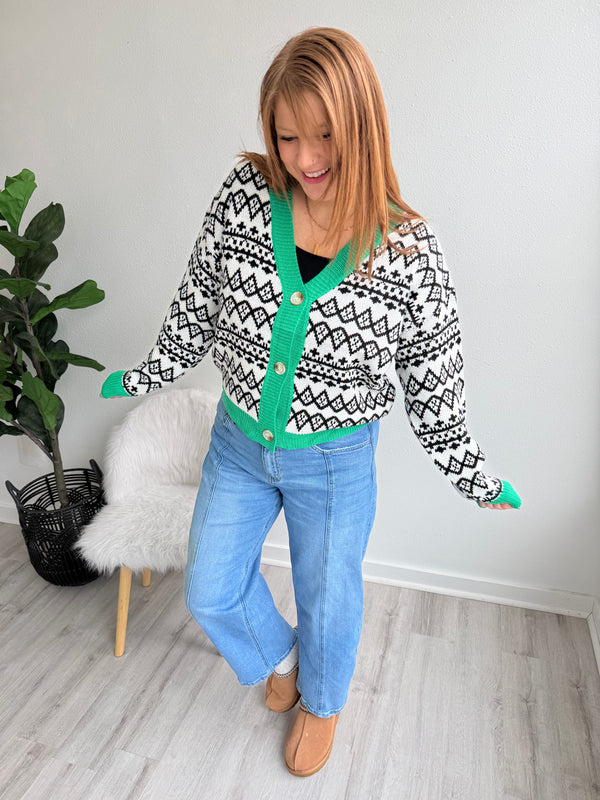 Green and Black Patterned Cardigan