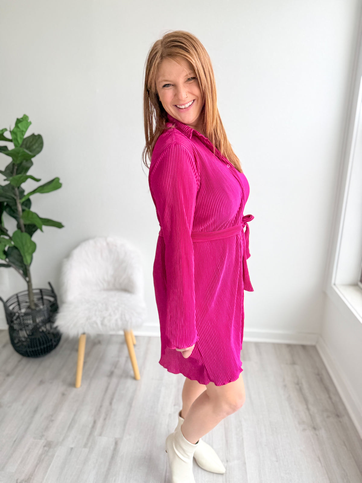 Magenta Tie Waist Satin Dress