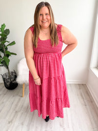 Smocked Checkered Magenta Dress
