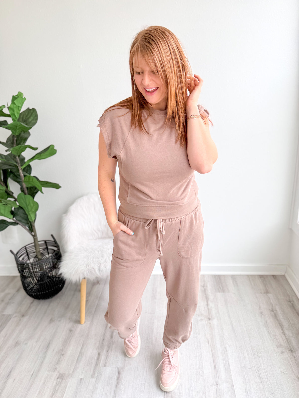 Taupe French Terry Cap Sleeve Top