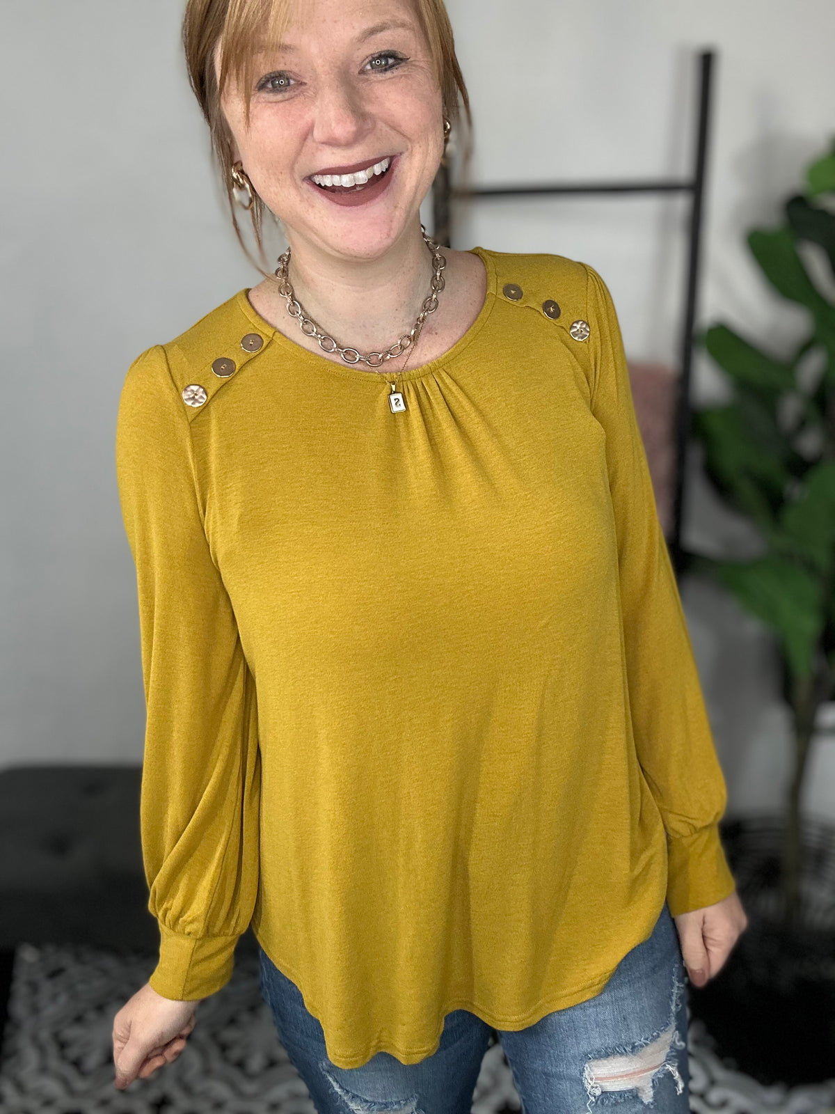 Lola Long Sleeve Button Top - Mustard