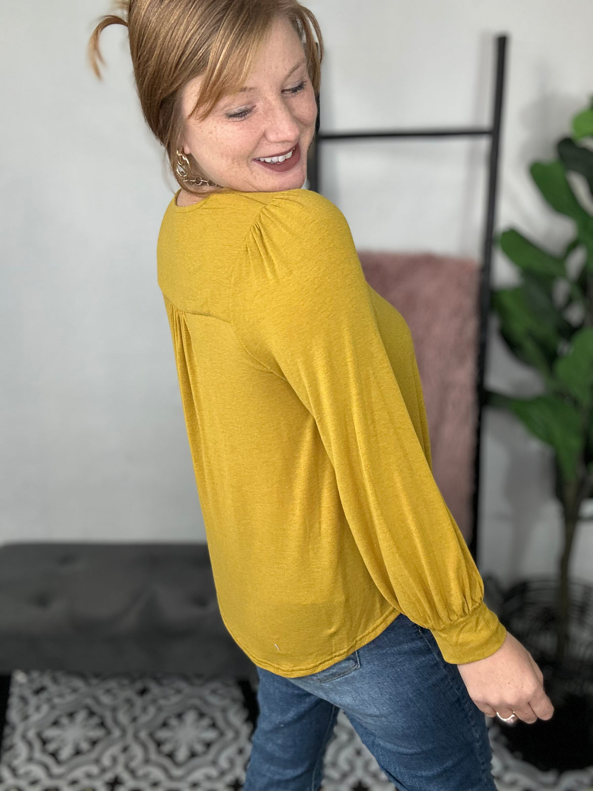 Lola Long Sleeve Button Top - Mustard