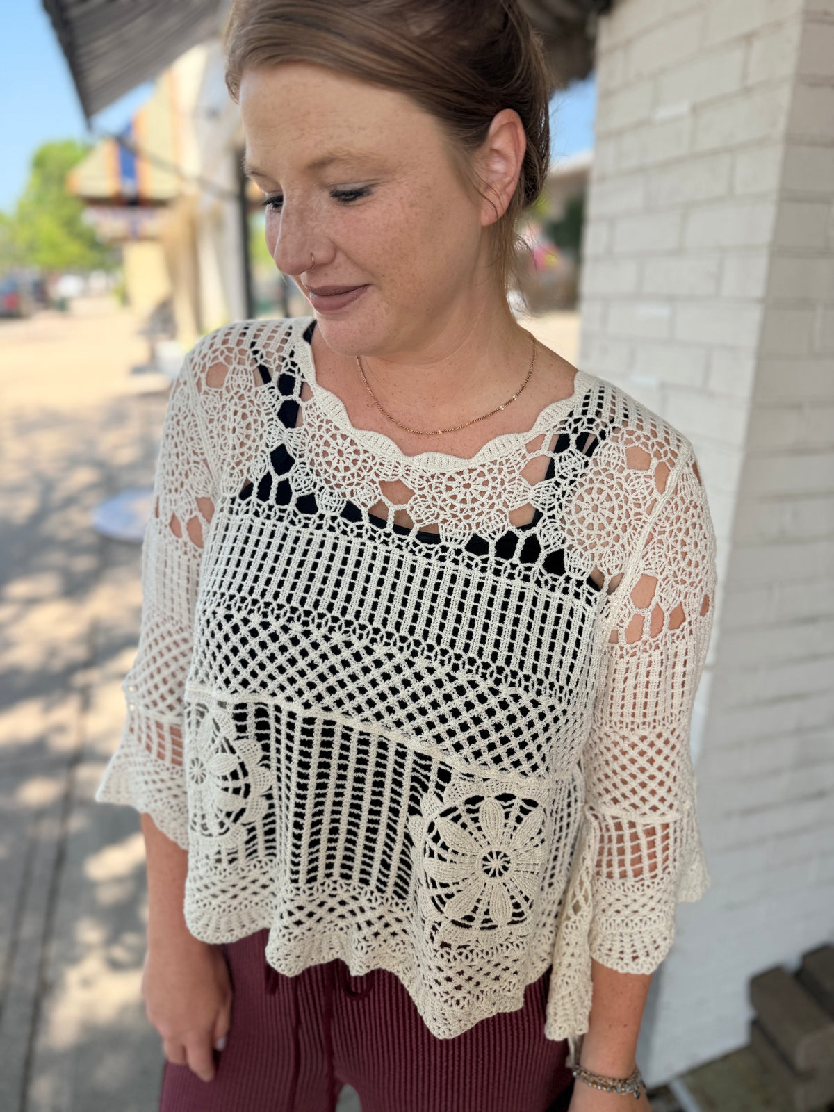 Cari Crocheted Short Sleeve Top