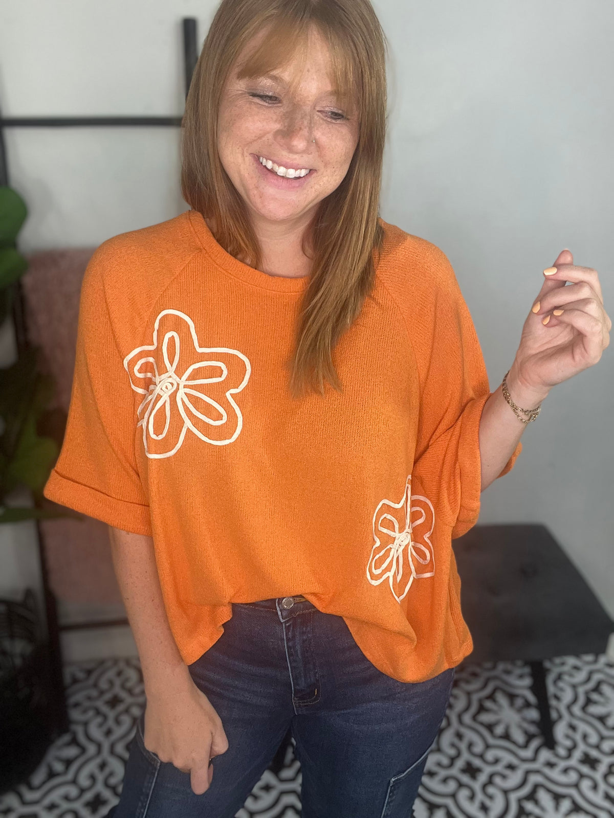 Orange Floral Short Sleeve Top