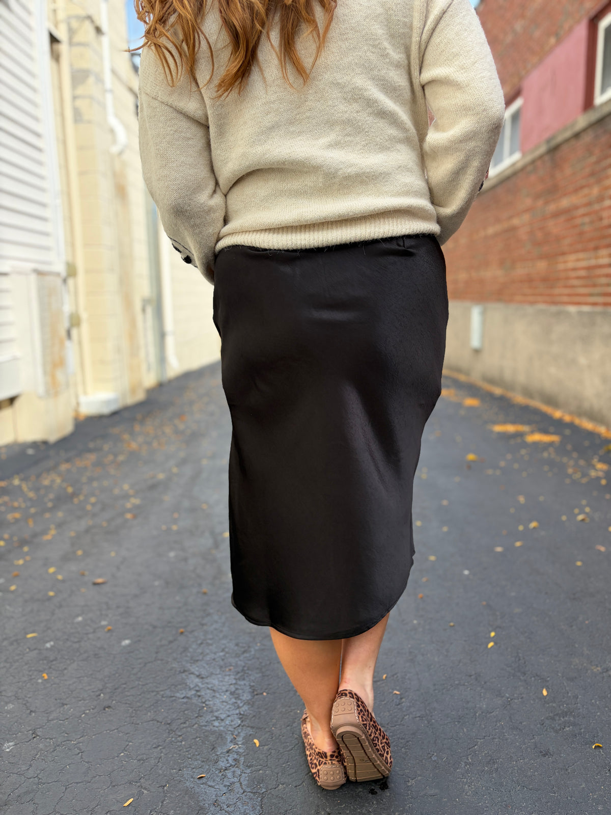 Black Satin Midi Skirt