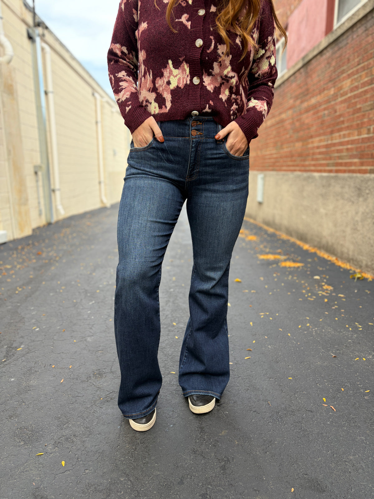 Indigo Double Button Flare Jeans