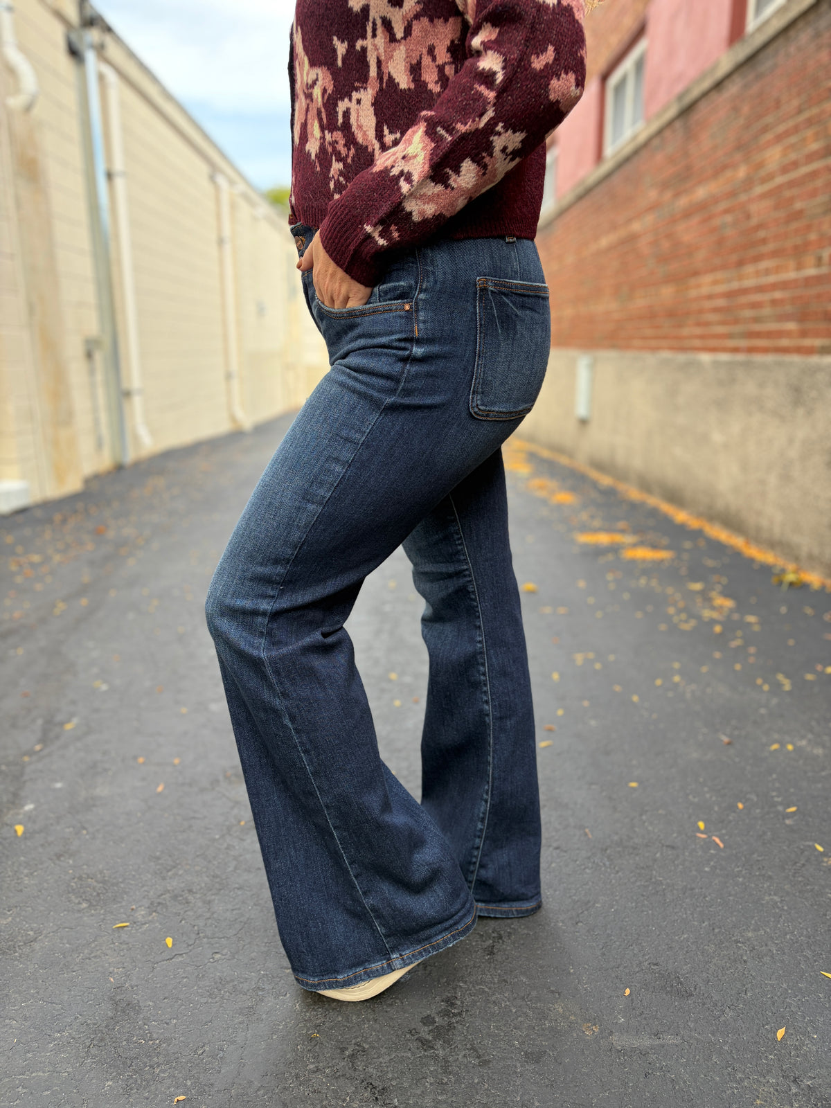 Indigo Double Button Flare Jeans