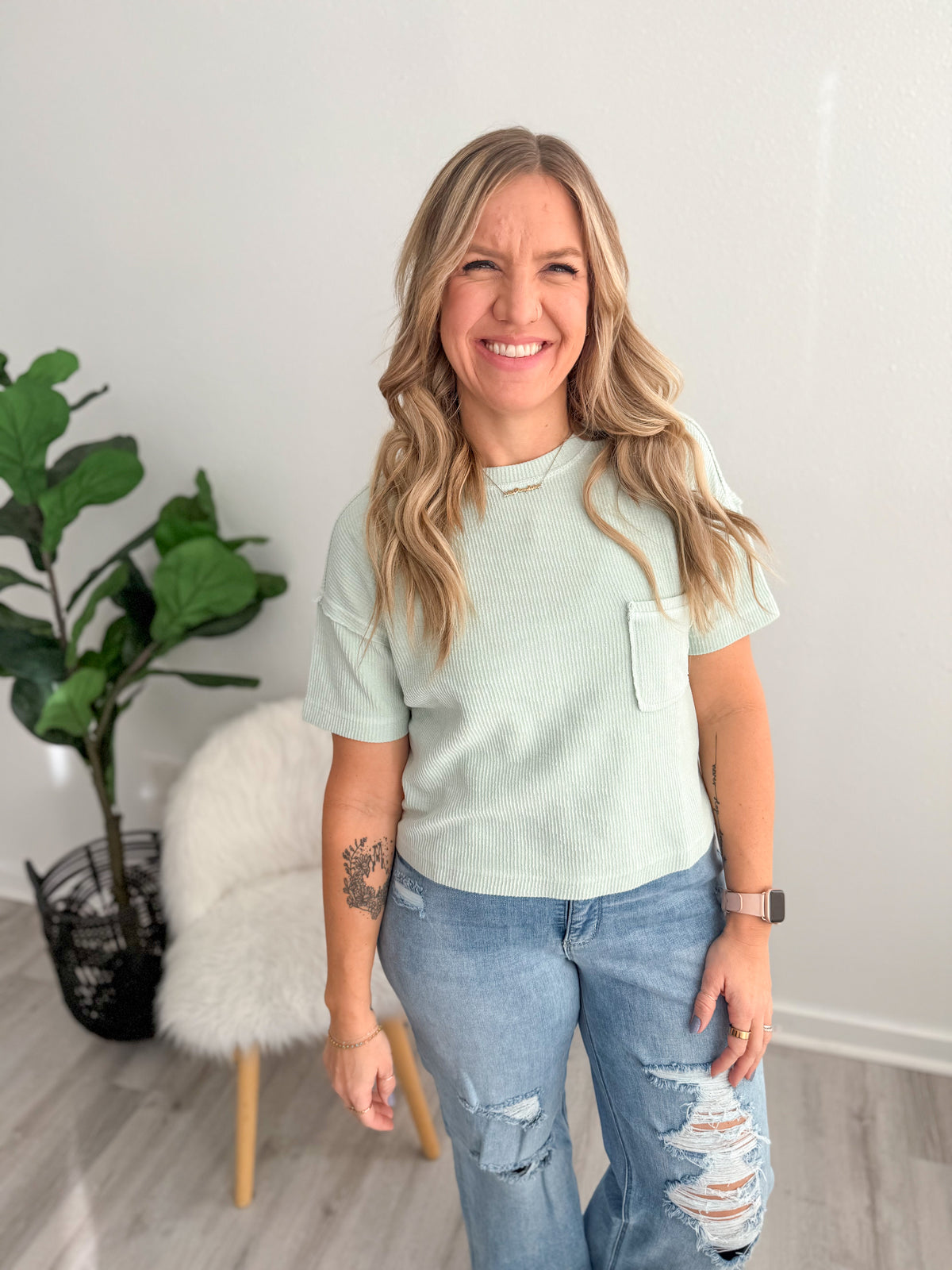 Ribbed Dusty Mint Pocket Tee