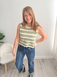 Sage Striped Sleeveless Knit Tank