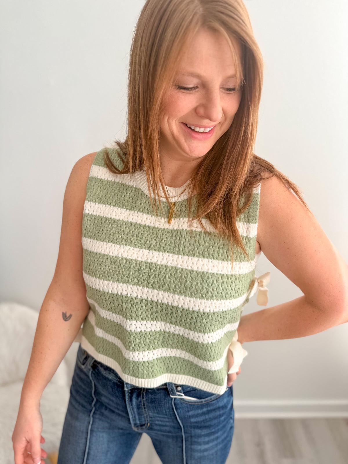Sage Striped Sleeveless Knit Tank