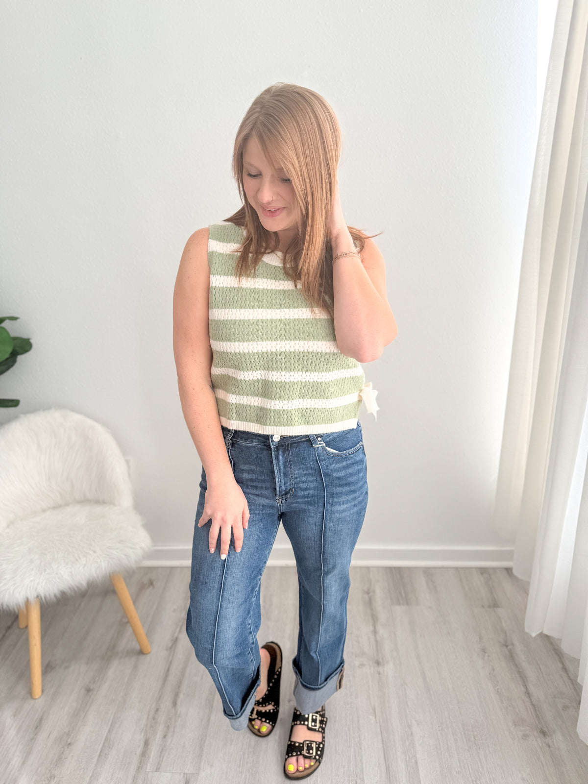 Sage Striped Sleeveless Knit Tank