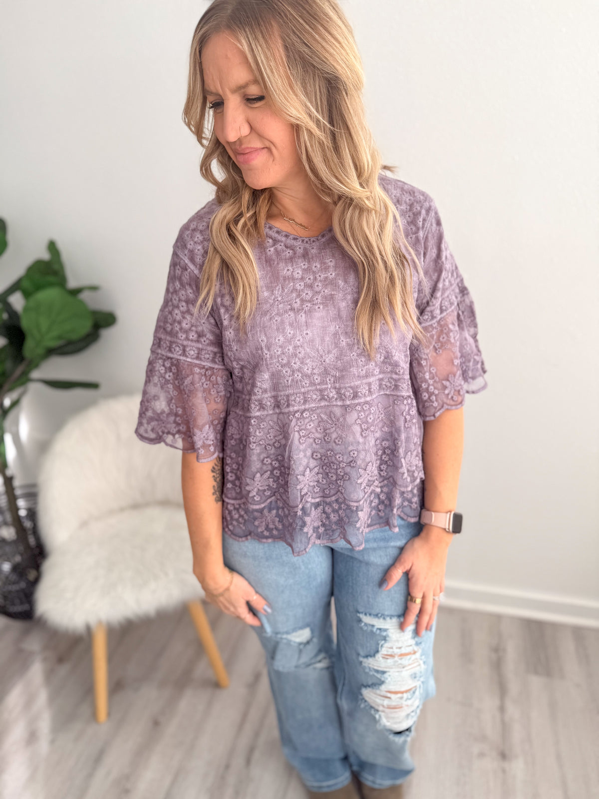Purple Petal Embroidered Top