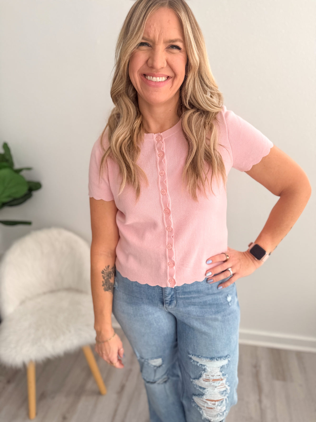 Detailed Short Sleeve Button Up - Pink