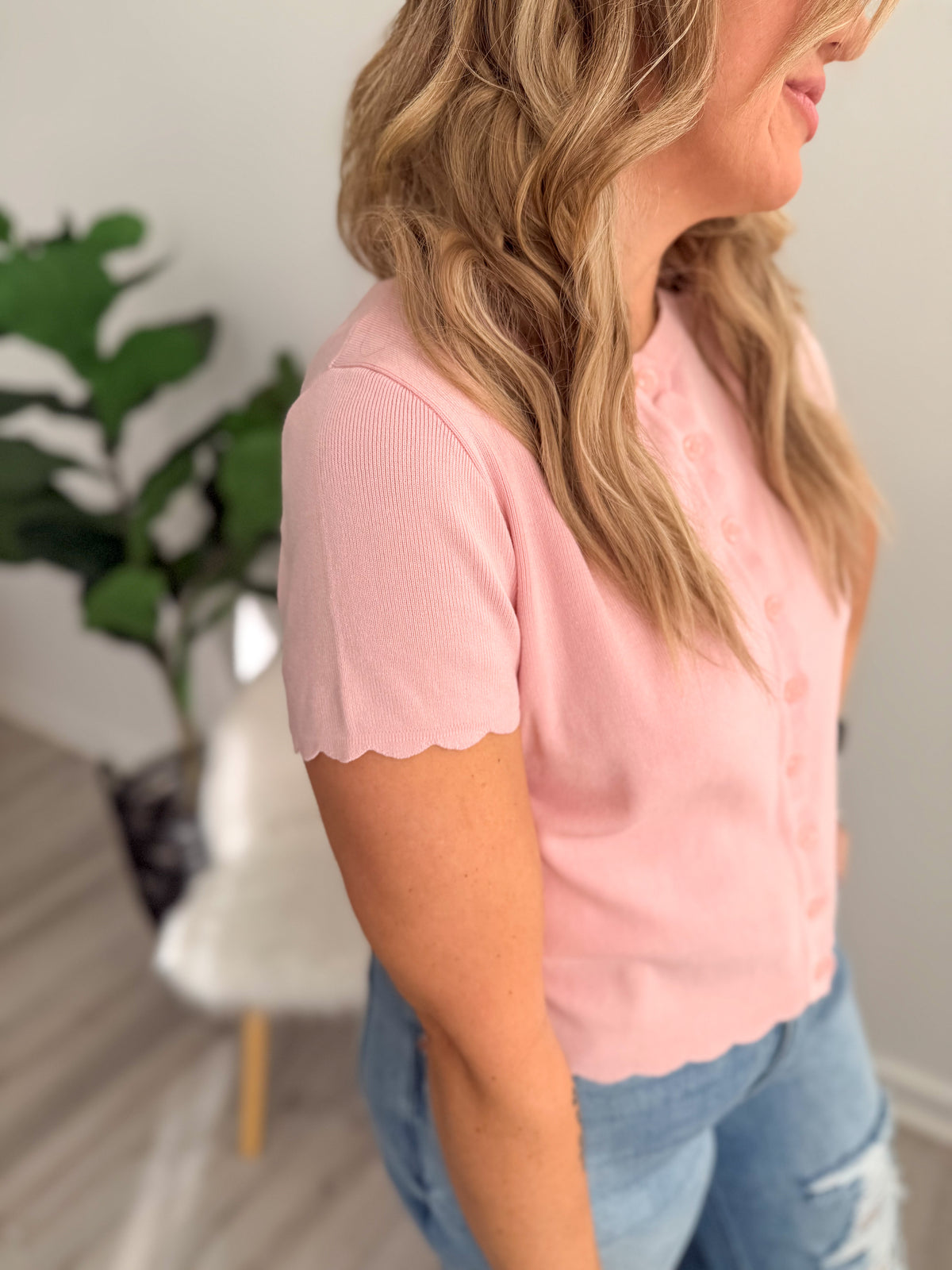 Detailed Short Sleeve Button Up - Pink