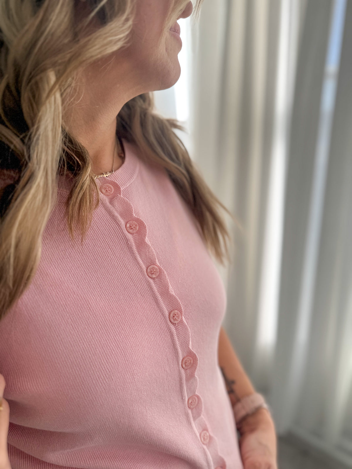 Detailed Short Sleeve Button Up - Pink