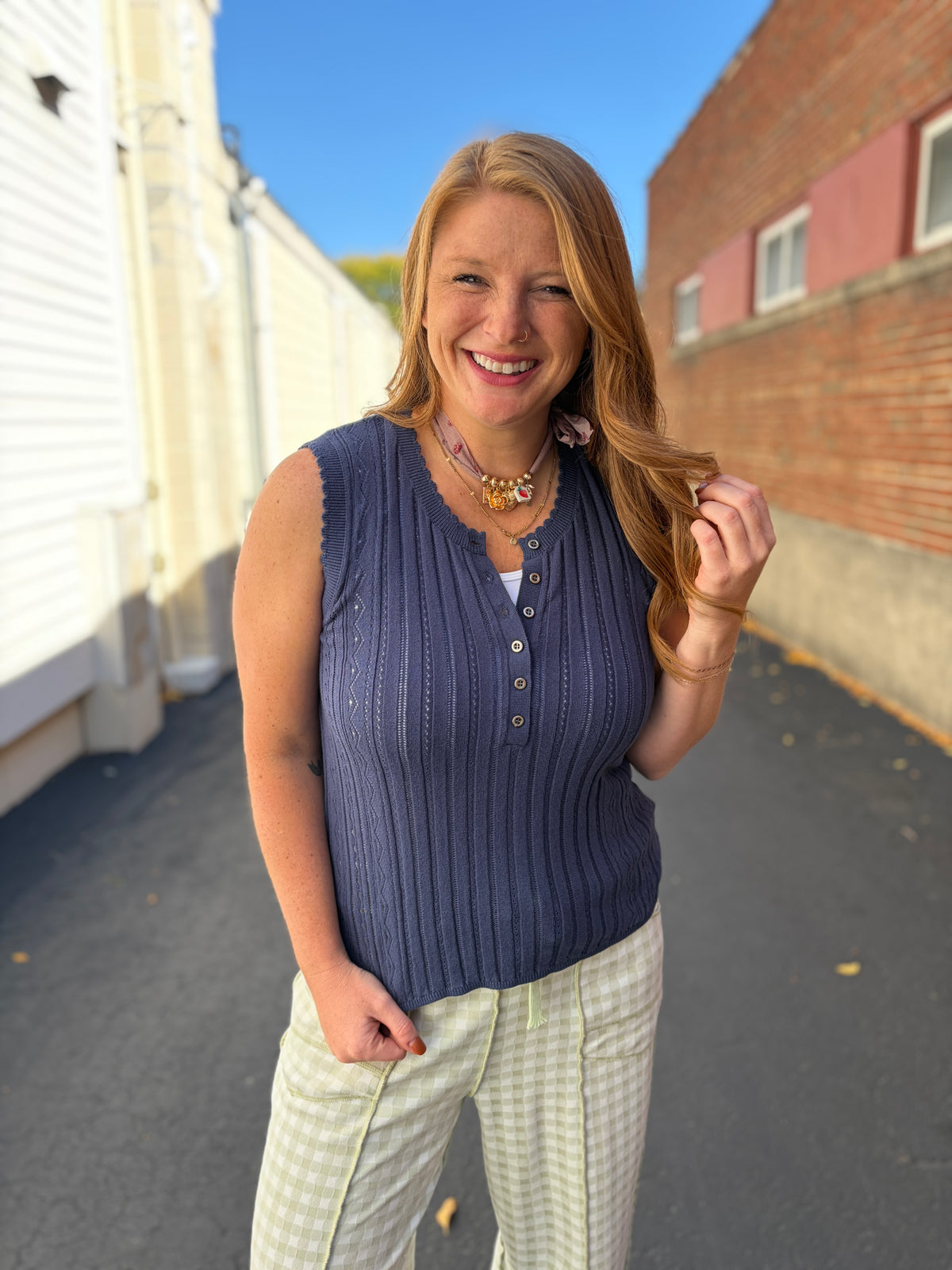 Blue Pointelle Knit Top
