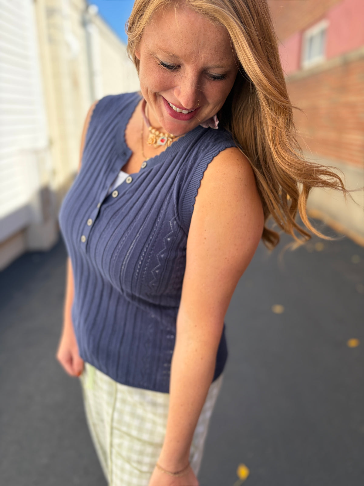 Blue Pointelle Knit Top