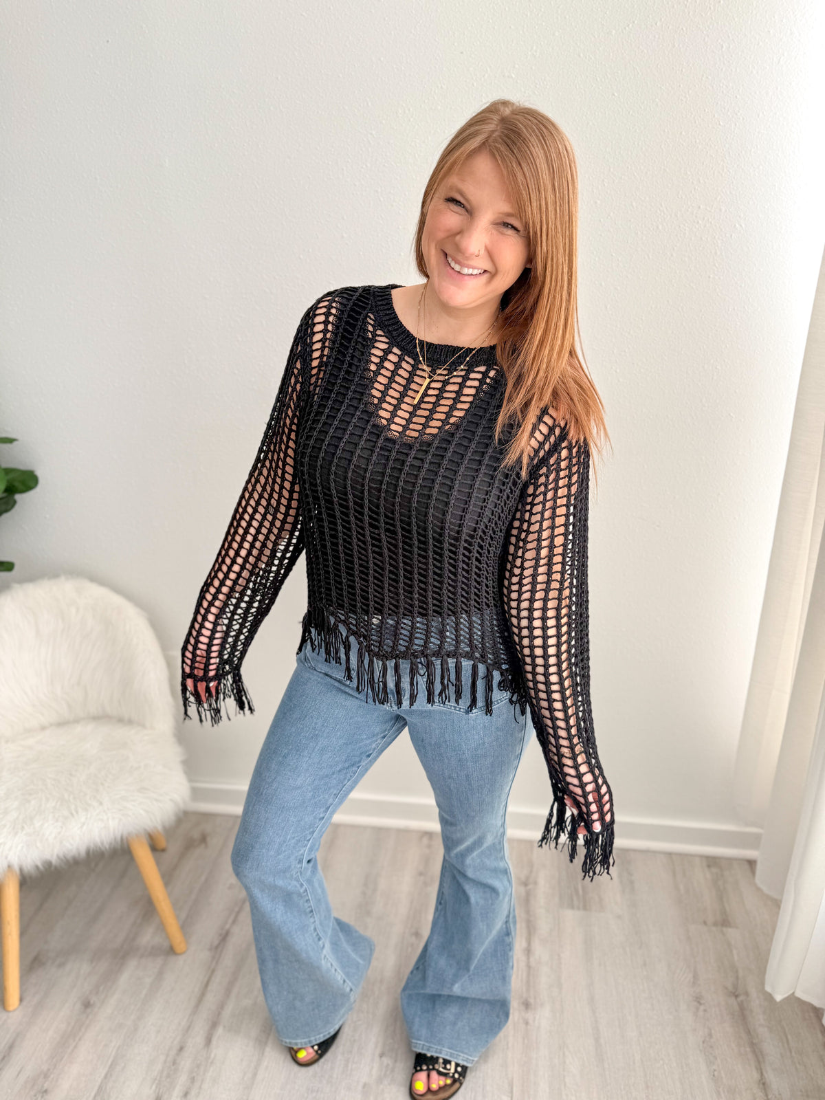 Black Fringe Open Sweater