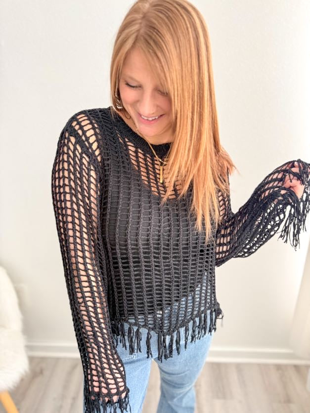 Black Fringe Open Sweater