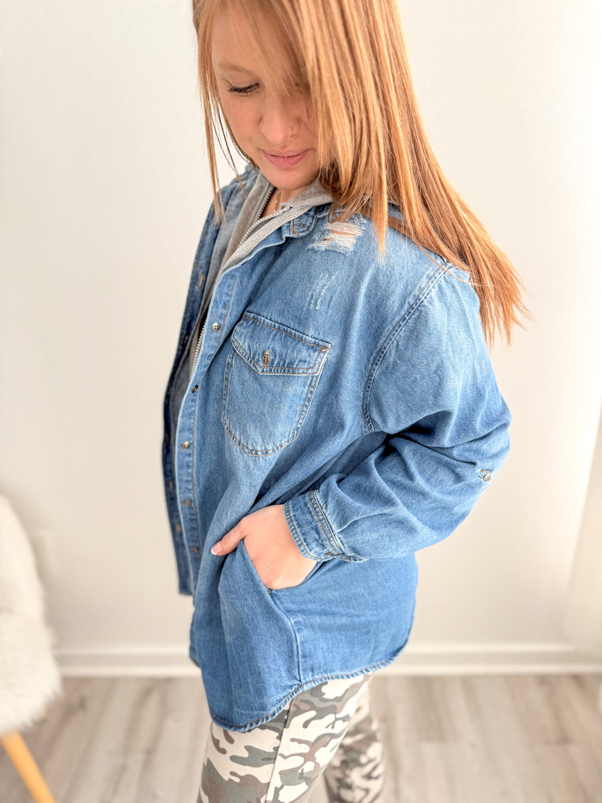 Casual Hooded Jean Jacket -Medium Wash