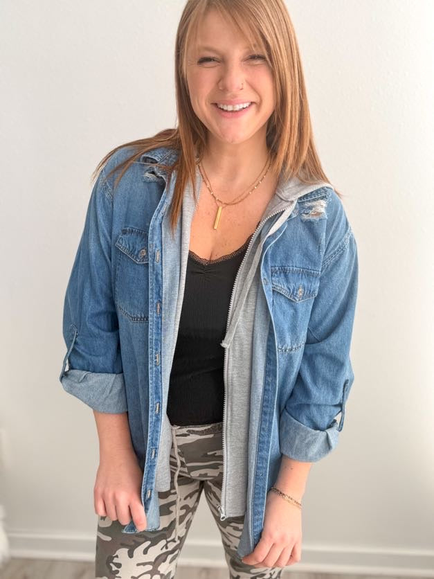 Casual Hooded Jean Jacket -Medium Wash