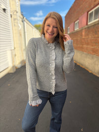 Gray Gingham Ruffle Trim Cardigan