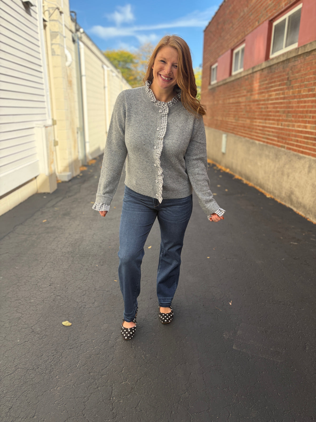 Gray Gingham Ruffle Trim Cardigan