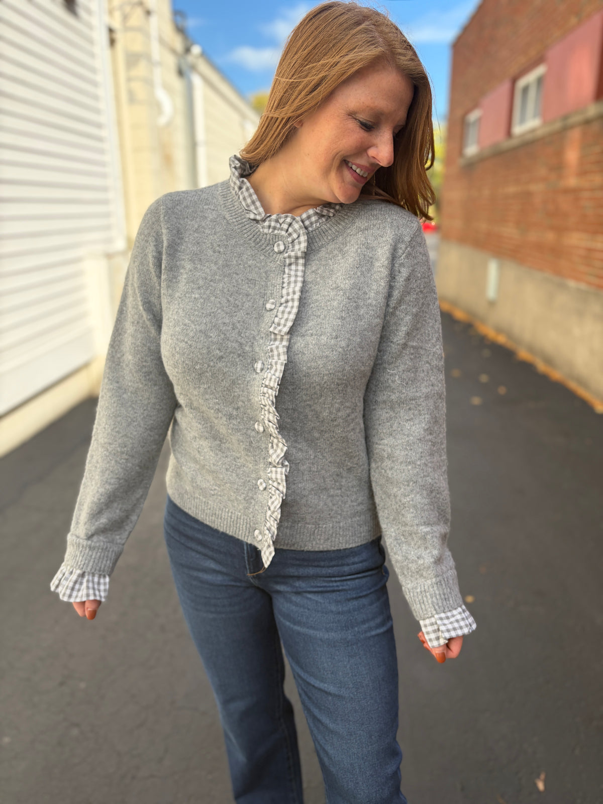 Gray Gingham Ruffle Trim Cardigan