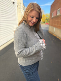 Gray Gingham Ruffle Trim Cardigan