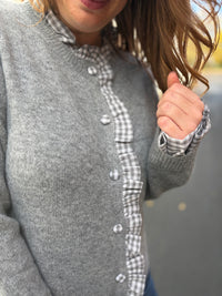 Gray Gingham Ruffle Trim Cardigan