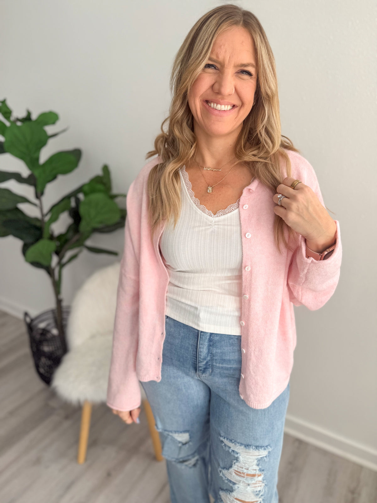 Lightweight Button Down Cardigan - Soft Pink