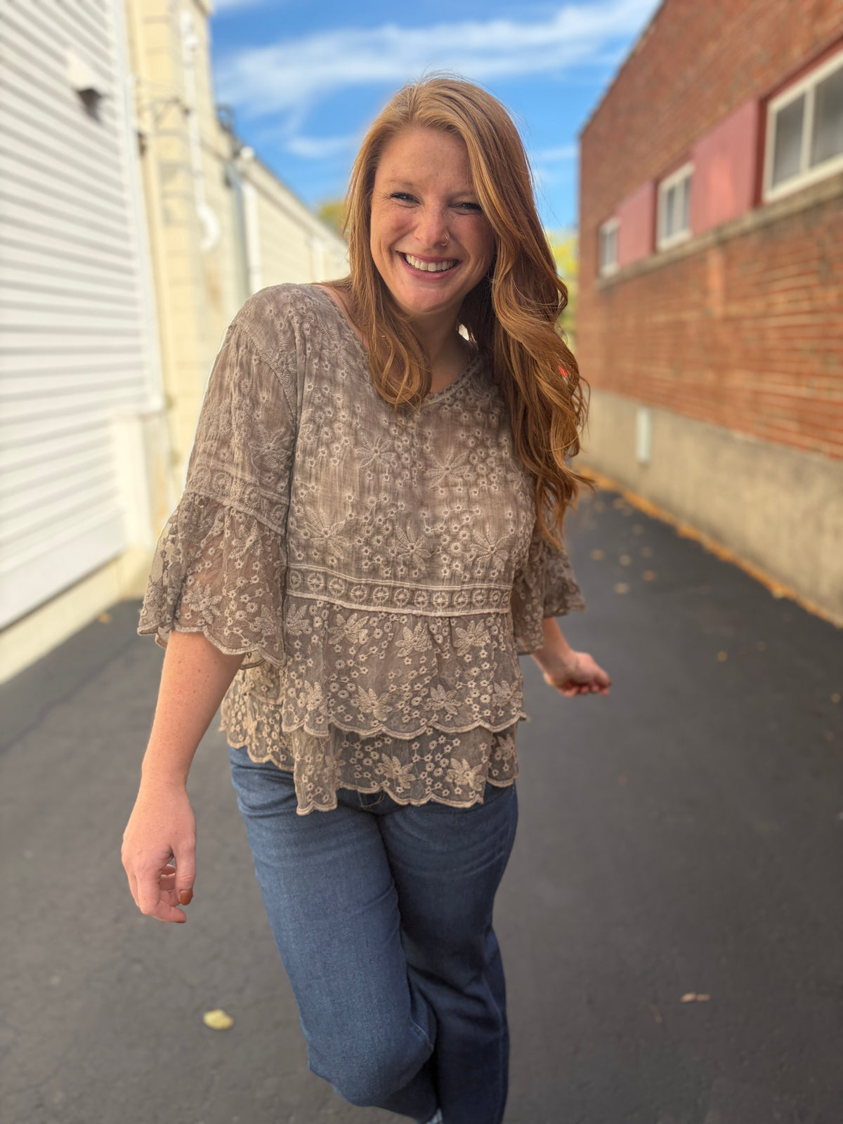Khaki Petal Embroidered Top
