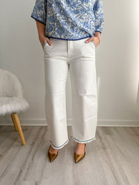 Risen High Rise Cream Embroidered Barrel Jean