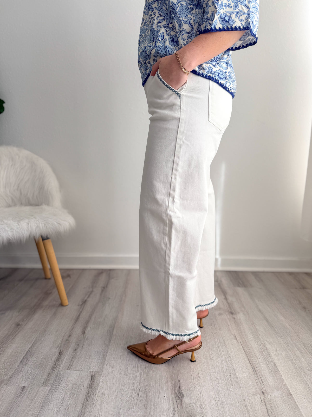 Risen High Rise Cream Embroidered Barrel Jean