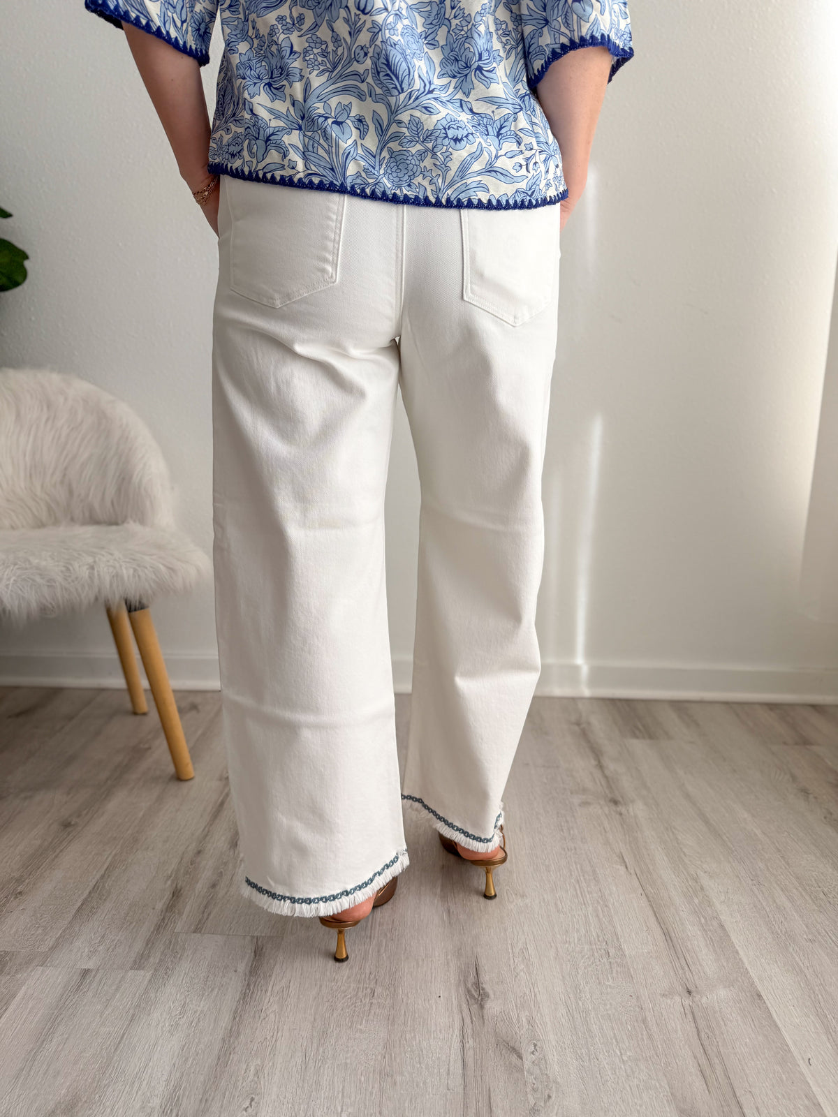 Risen High Rise Cream Embroidered Barrel Jean