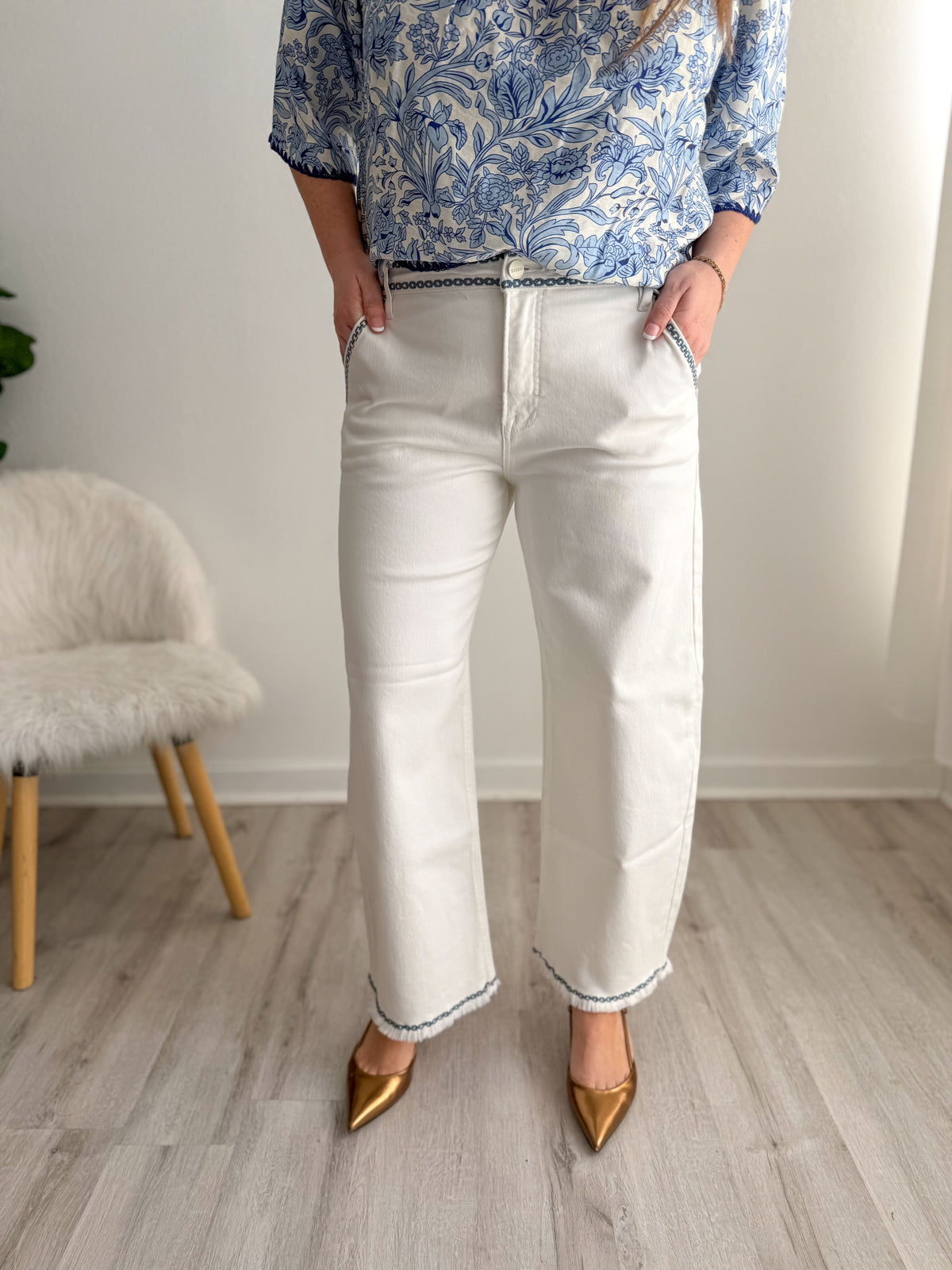 Risen High Rise Cream Embroidered Barrel Jean