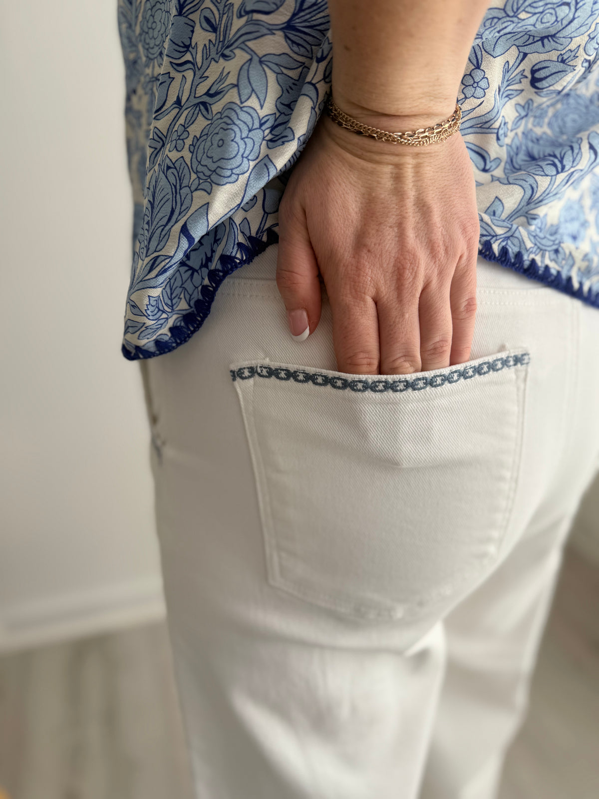 Risen High Rise Cream Embroidered Barrel Jean