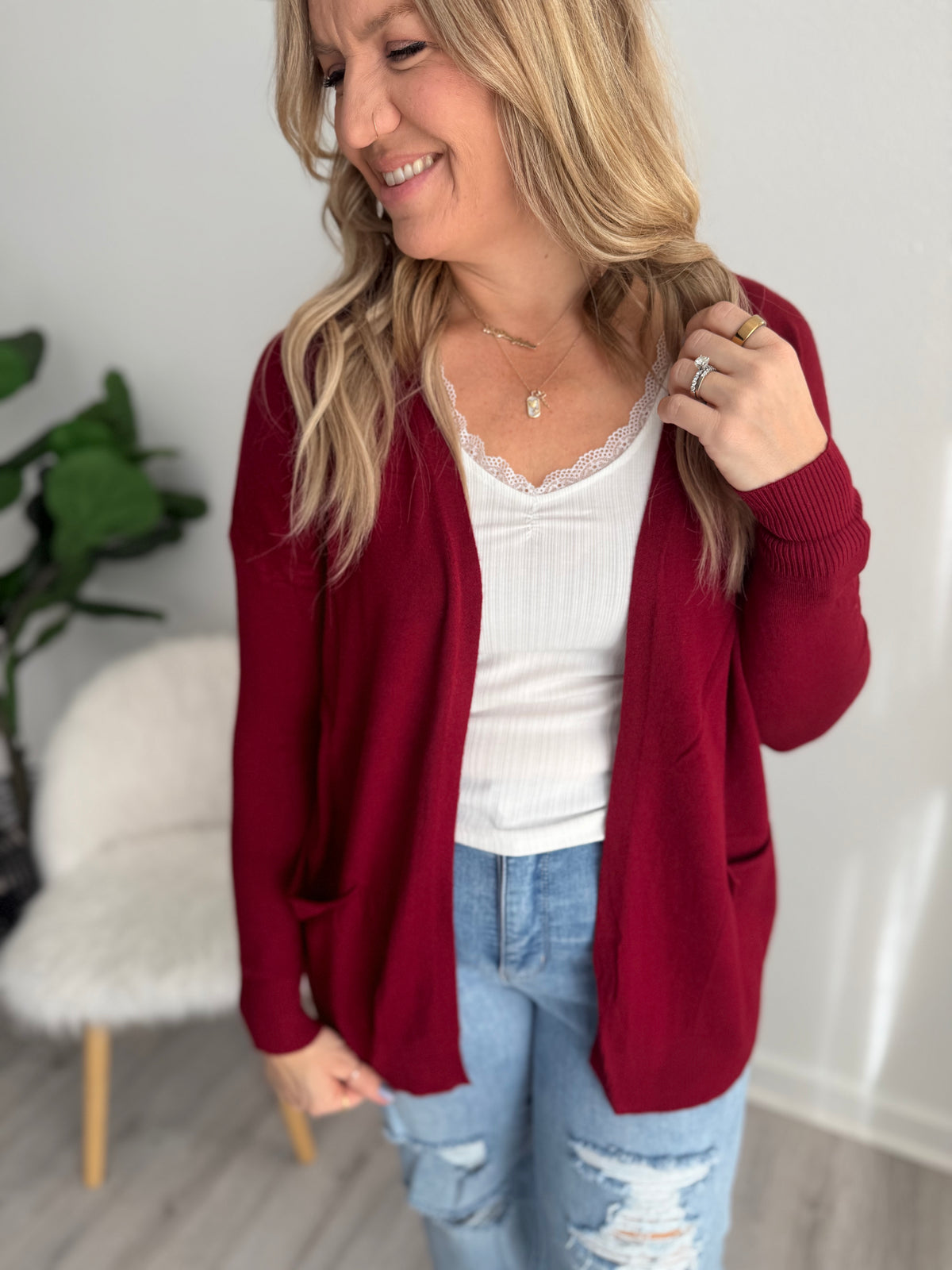Cozy Open Front Cardigan - Burgundy
