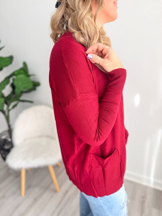 Cozy Open Front Cardigan - Burgundy