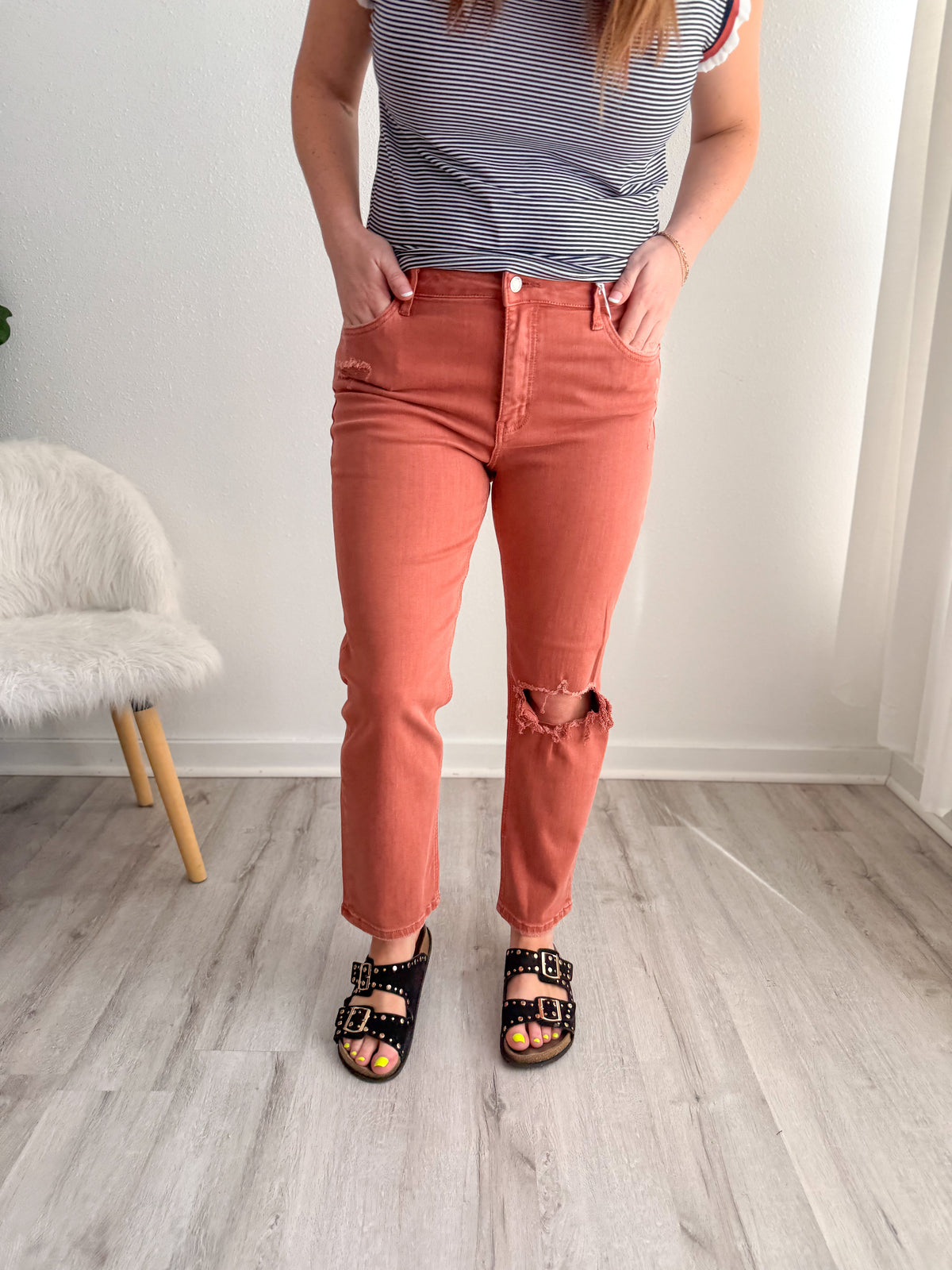 Copper Distressed High Rise Slim Fit Jeans