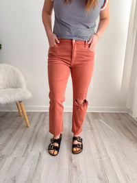 Copper Distressed High Rise Slim Fit Jeans