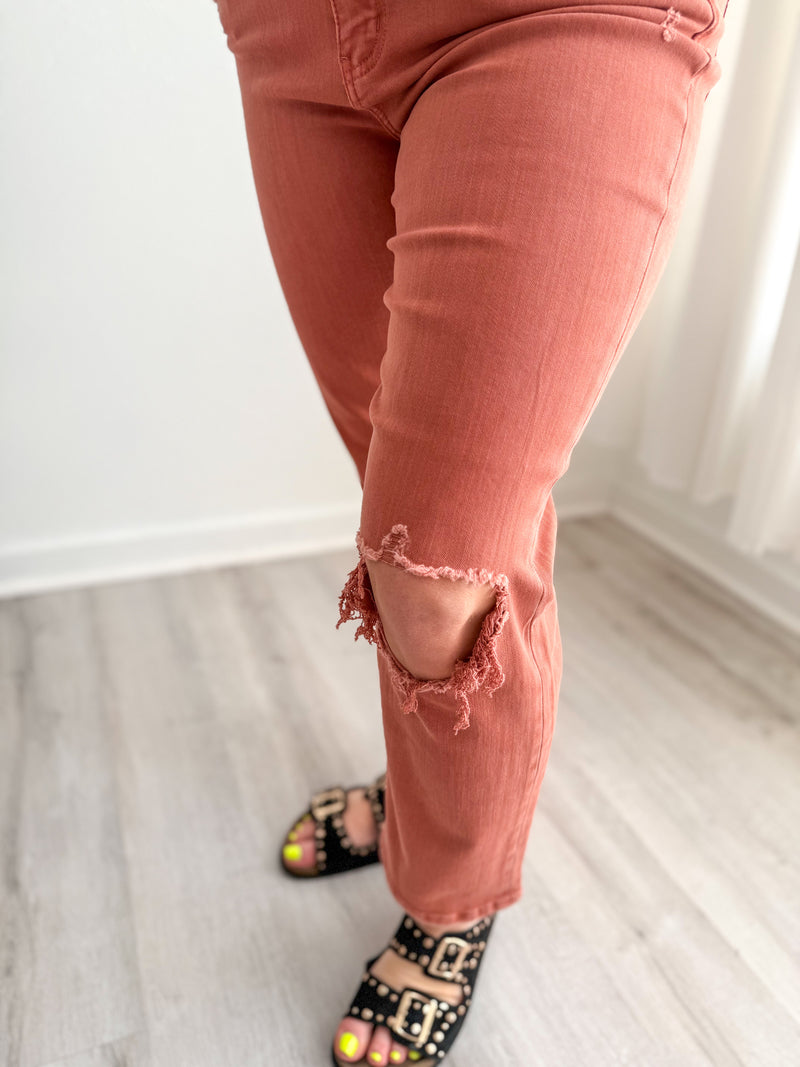 Copper Distressed High Rise Slim Fit Jeans