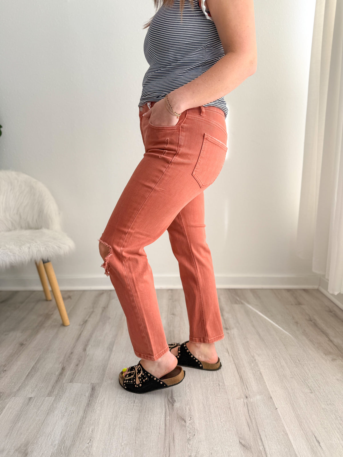 Copper Distressed High Rise Slim Fit Jeans